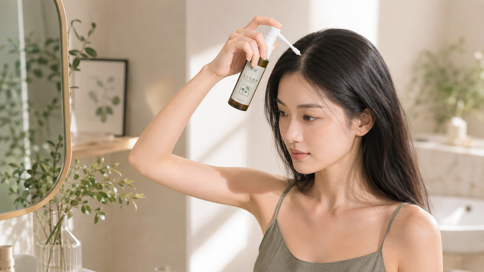 女性日常使用鬒露女士防脱液的护理场景，体现草本复配产品用于头皮日常护理